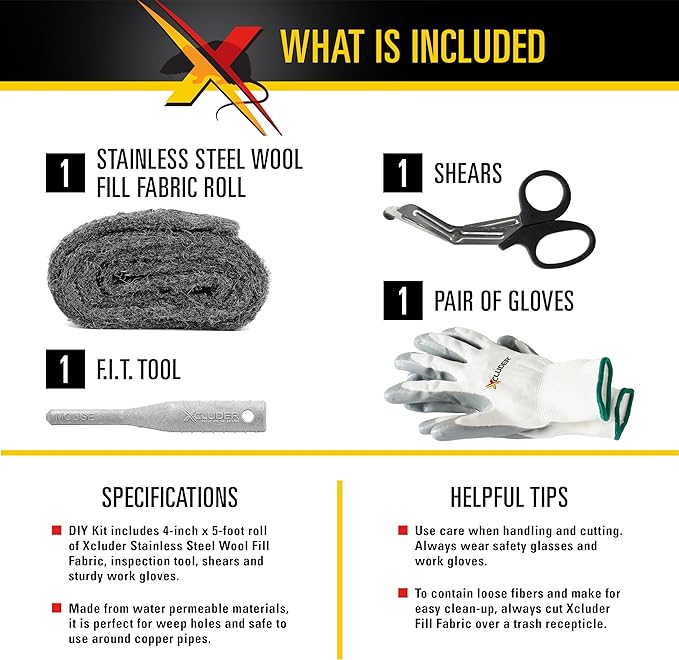 Xcluder Rodent Control Fill Fabric, Large DIY Kit with Inspection and Fit Tool, Stainless Steel Wool, Stops Rats and Mice