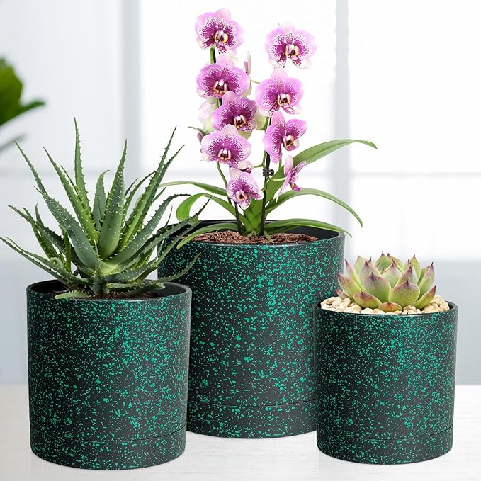 Meowell 7/6.5/6/5/4 inch Plant Pots, 5 Pack Cylinder Flower Pots for Small Indoor Outdoor Plants, Plastic Planters with Drainage Holes and Saucer for Garden Succulent Plants, Black With Green Speckles