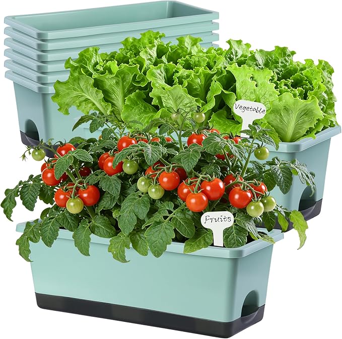 Oliz Window Box Planter 8 Pcs, 17 Inches Rectangle Flower Pots with Drainage Holes & Trays, Vegetable Planters for Windowsill Patio Garden Balcony Home Indoor Outdoor (Green, 16 * 7 * 6 inch)