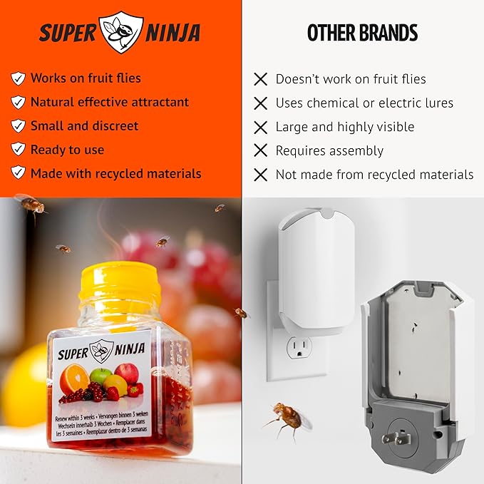 Super Ninja Fruit Fly Traps for Indoors - 6 Pack, Highly Effective Fruit Fly Catcher for Indoor Use for Home & Kitchen, Up to 3 Weeks of Performance per Bottle, Kid & Pet Friendly