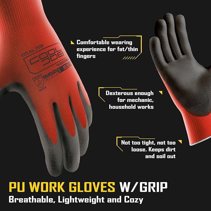 COOLJOB 12/60 Pairs Safety Work Gloves Pack Bulk with Grip PU Coating, 13 Gauge Seamless Knit Gloves with Polyurethane Dipped for Warehouse Working, Breathable Lightweight for Men Women, Red Large