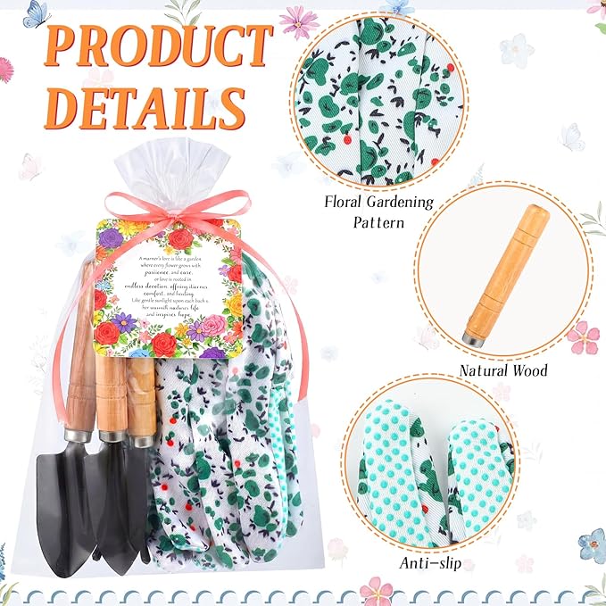 Cuffbow 6 Set Mother's Day Gardening Gifts Floral Gardening Gloves, Garden Shovel, Mini Garden Tools with Mother's Day Cards and Bags for Mom Grandma Birthday Gift (Cute)