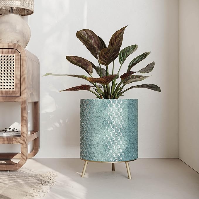 EverNest Mid-Century Modern Rhys Honeycomb Embossed Planter Pot with Nyra Gold Stand, Metal Indoor Plant Pots, Blue Green Bohemian Style (Small 1 Gallon)