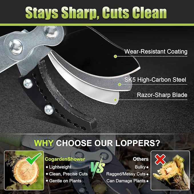 Heavy Duty Hand Loppers Pruning Shears for Gardening,25"-44" Extendable Branch Cutter for Tree Limb Trimming, Lightweight Anvil Lopping Shears for up to 2” Thick Branches Cutters (Green)