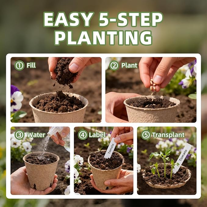 CLEANGOR 70Pcs Biodegradable 4” Peat Pots with 70Pcs Plant Labels, Biodegradable Seed Starter Pots with Drainage Holes, Nursery Pots for Seedlings, Herbs, Vegetables, Flowers, Gardening Kit