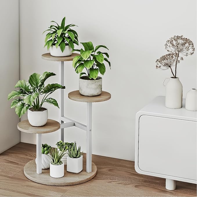 INGIORDAR Plant Stand Indoor Outdoor Corner Flower Stands Multiple Flower Pot Holder for Patio Garden Balcony Living Room 4 Tier White+Sonoma Oa