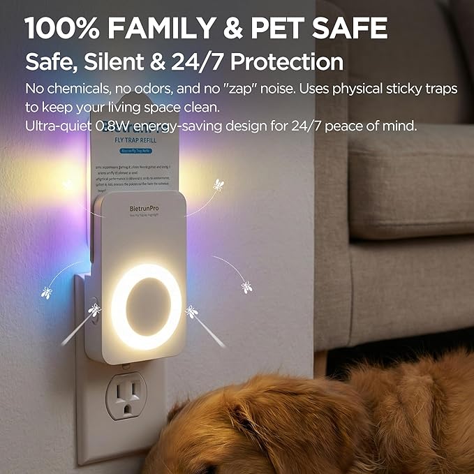 Flying Insect Traps+5 Refill Cartridges, 2026 2nd Gen, UV/Blue/Yellow Light Plug in Fly Trap & Indoor Bug Catcher for Gnats, No-Mess Bug Zapper, House & Fruit Flies, 7 * 24hrs Pest Control
