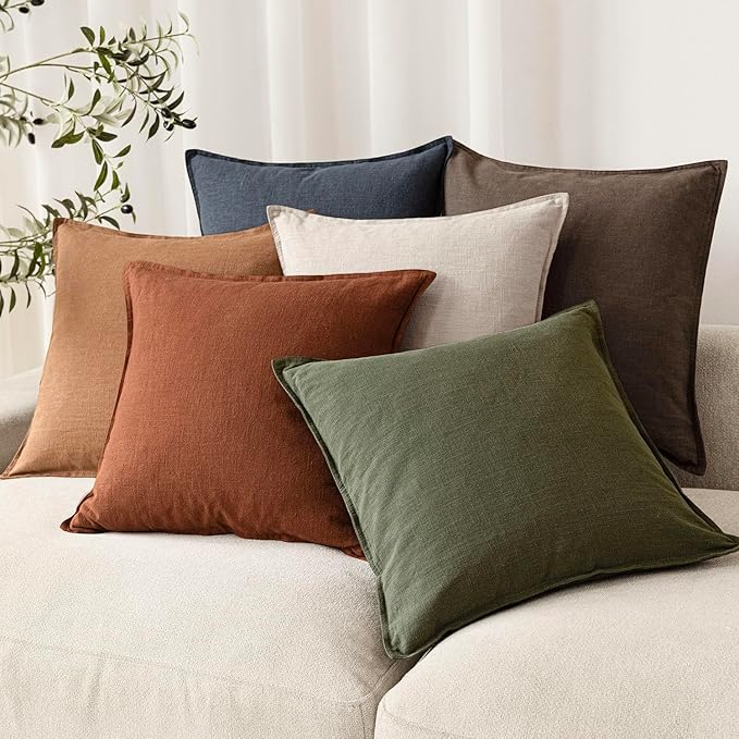 Foindtower Pack of 2, Decorative Linen Soild Throw Pillow Covers Soft Accent Cushion Case Farmhouse Neutral Pillowcase for Chair Couch Sofa Bedroom Living Room Home Decor 18 x 18 Inch Fall Rust Orange
