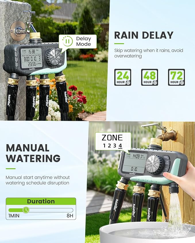 RAINPOINT Sprinkler Timer 4 Zone, Water Timer for Garden Hose, for Soaker Hose with Rain Delay/Manual/Automatic Watering System, Digital Irrigation for Yard, Lawn Brass Inlet