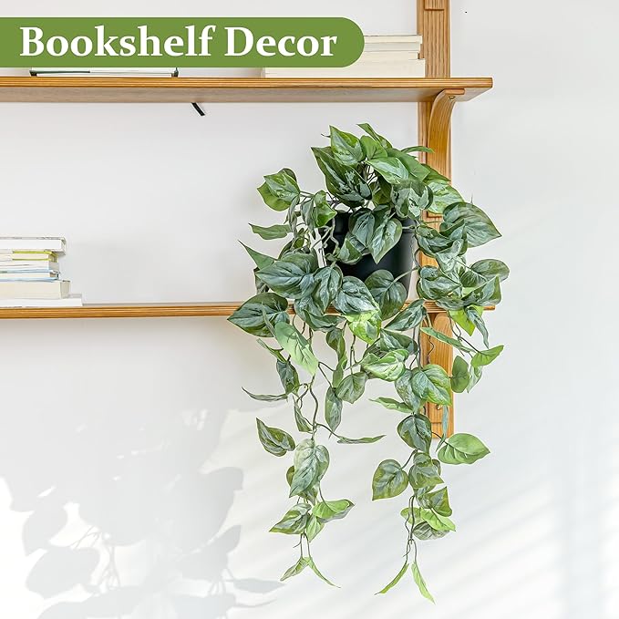 Artificial Pothos Hanging Plant, Fake Pothos with Woven Net, Realistic Faux Ivy Vine Fake Potted Plants for Shelves, Patio, Office, Living Room, Bathroom, Indoor Outdoor Decor(with Flowerpot)
