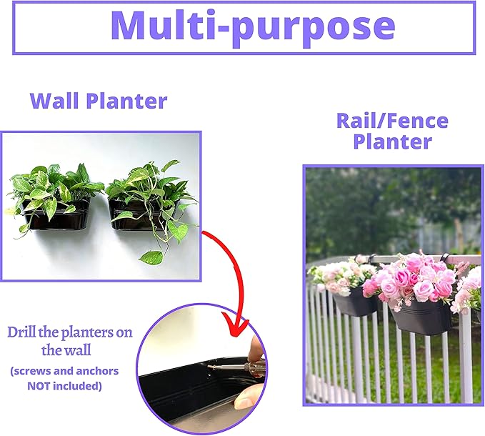 LaLaGreen Outdoor Rail Planter Plants (4 Pack, 11.2 Inch) Black Metal Iron Hanging Flower Pots Deck Railings Fence Buckets Modern Boho Style Wall Mount Window Box Plant Holder with Hooks Porch Decor
