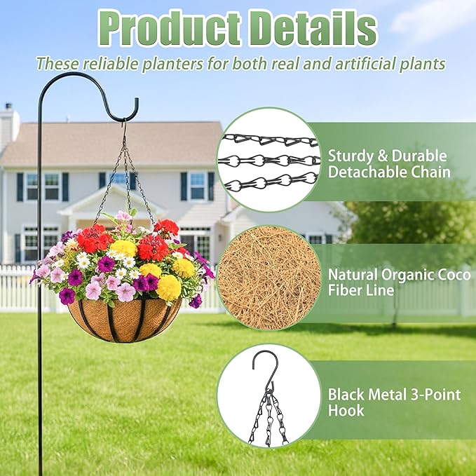 4 Pack 12 Inch Hanging Baskets for Plants Outdoor Metal Hanging Planters Round Hanging Flower Pots with Coco Coir Liner Plant Holder for Outdoor Patio Garden Balcony Decor - Flat Iron
