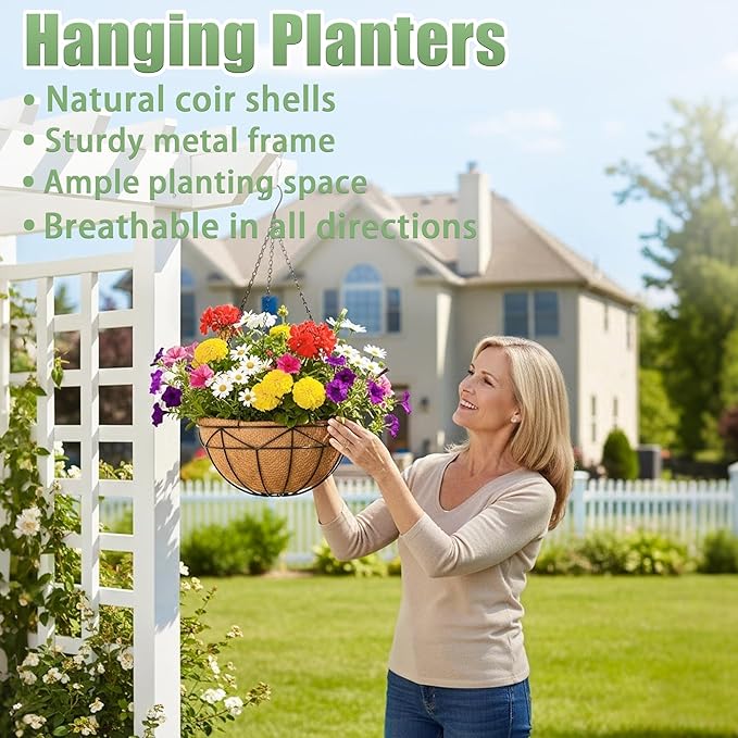 2 Pack 12 Inch Hanging Baskets for Plants Outdoor Metal Hanging Planters Round Hanging Flower Pots with Coco Coir Liner Plant Holder for Outdoor Patio Garden Balcony Decor - Geometric