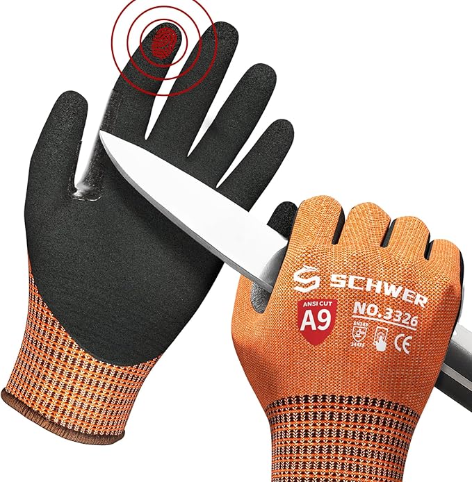 Schwer ProGuard High Level Cut Resistant Work Gloves PR3326 for Extreme Protection，ANSI A9 Cut Gloves with Reinforced Thumb, Non Slip, Durable, Touch-screen, Orange 1 Pair(XXL)