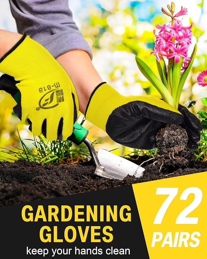 Potchen 72 Pairs Gardening Work Gloves Bulk for Men Women, Rubber Coated Garden Multipack Safety Construction Glove