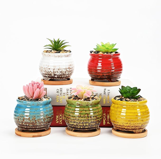 Cute Circular Ceramic Home Garden Decoration Succulent Cactus Flower Pots Container with Bamboo Tray -Plant Not Included (Blue, 3.8 Inch)