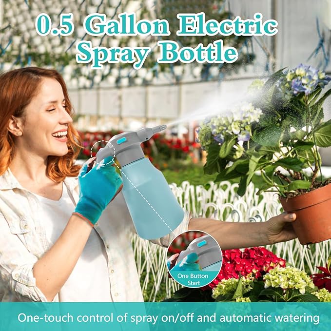 Electric Plant Spray Bottle, 0.5 Gallon Battery Powered Garden Sprayer with Adjustable Nozzle and Extended Wand, Portable USB Rechargeable Water Sprayer in Lawn and Garden for Gardening, Cleaning