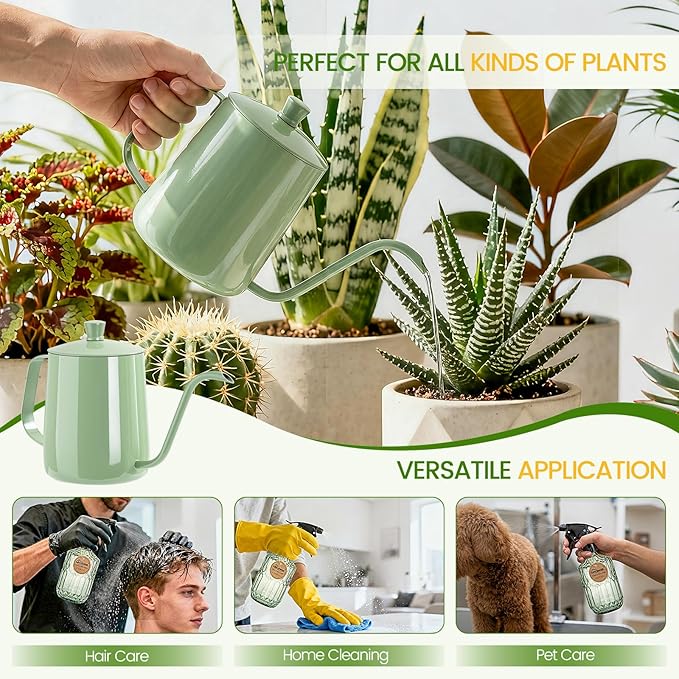 Watering Can for Indoor Plants, 20 oz Metal Small Plant Watering Can with Long Spout for House Plants, 13.5 oz Glass Plant Mister Spray Bottle for Bonsai Garden Flowers Decorative (Green)