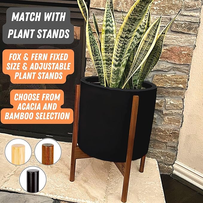 Fox & Fern Large 12 Inch Black Plant Pot — Premium Lightweight Fiberstone Matte Black Planter w Drainage Plug, Large Indoor & Outdoor Planter; 12 Inch Pots for Plants, Weather Resistant & UV Resistant