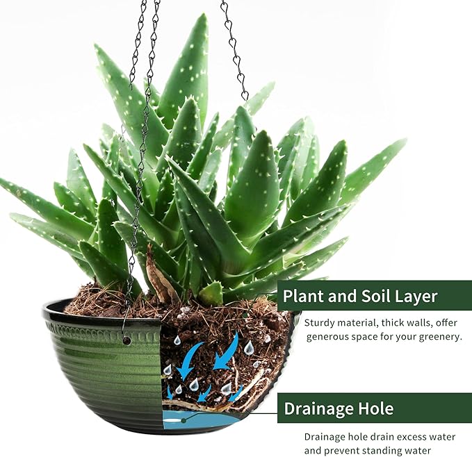 Vanslogreen 12 inch Hanging Planters for Indoor Outdoor Plants, 2 Pack Large Hanging Flower Pots with Drainage Holes and Chain, Glazed Hanging Baskets for Home Garden Decoration, Green