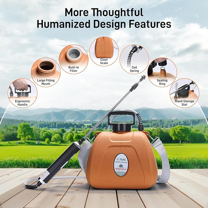 GOCHIFIX Electric Garden Sprayer 2.1 Gallon, 4 Mist Nozzles, Telescopic Wand, Adjustable Shoulder Strap, USB Rechargeable Waterproof Handle, Automatic Plant Mister for Lawn Garden