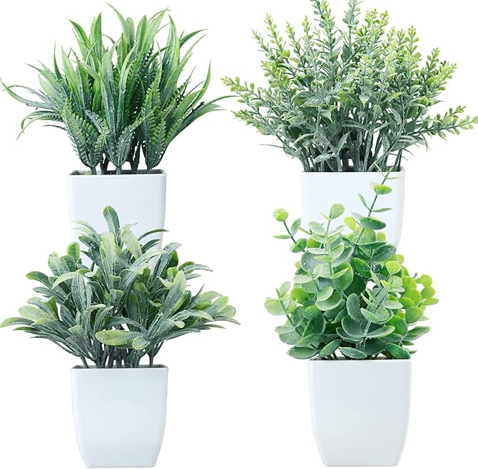 GREENTIME 4 Pack Fake Plants in White Pot Small Artificial Eucalyptus Potted Plant Wheat Grass Mini Faux Greenery for Home Decor Indoor Office Table Room Farmhouse Bathroom Decorations