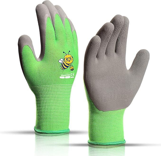 KDK Ages 5-7 Kids Gardening Gloves,Yard Work Gloves for Toddlers, Youth, Girls, Boys, Childrens, Soft Safety Rubber Gloves (XXS Age 5-7, 1 Pair Green Bee)