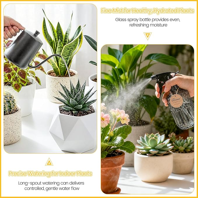 Watering Can Indoor Plants, 20 oz Metal Mini Indoor Watering Can with Long Spout for Houseplants, 13.5 oz Glass Plant Mister Spray Bottle for Bonsai Garden Flower Seedlings (Black/Grey)
