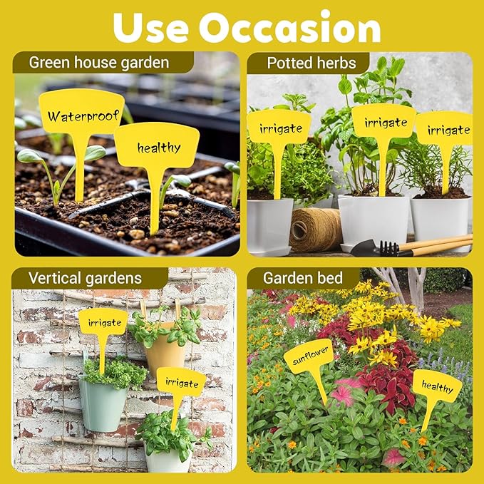 100 Pcs Plant Labels, Garden Markers Signs with Pen, 10.62" Large Plastic Plant Tags Waterproof T-Type Tags, Durable Nursery Garden Markers for Outdoor Indoor Potted Plants Flowers Seeds (Yellow)