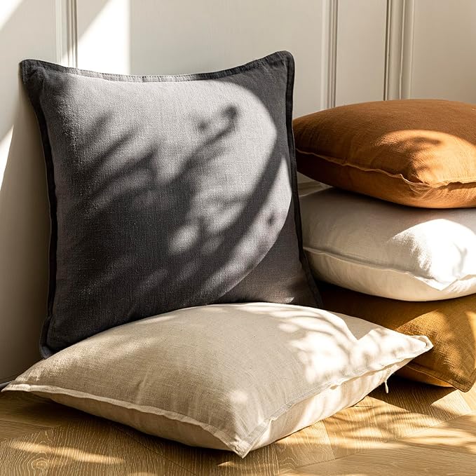 Foindtower Pack of 2, Decorative Linen Soild Throw Pillow Covers Soft Accent Square Cushion Case Boho Farmhouse Pillowcase for Chair Couch Sofa Bedroom Living Room Home Decor 18 x 18 Inch Grey