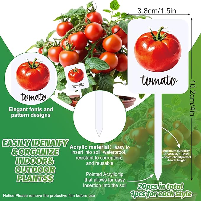 Whaline 20Pcs Acrylic Vegetable Fruit Plant Label Signs Garden Markers 20 Styles Watercolor Vegetable Fruit Waterproof Potted Plant Stake Tags with Names for Nursery Indoor Outdoor Garden Decor