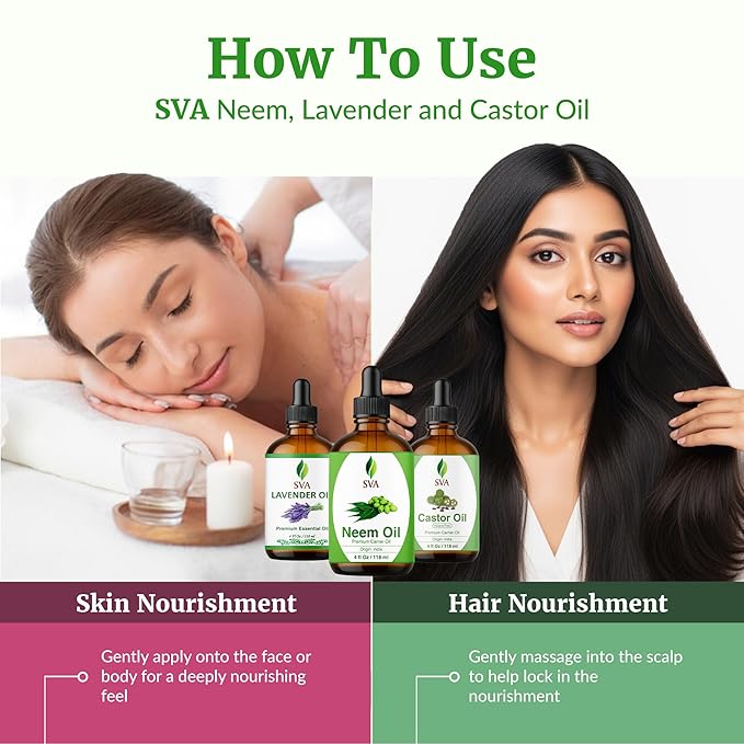 SVA Neem, Lavender and Castor Oil 4 oz Bundle Super Saver Combo – Premium Grade Bundle Set for Hair Oiling, Scalp Massage, Hair Care, Face, Skin Care and Body Massage