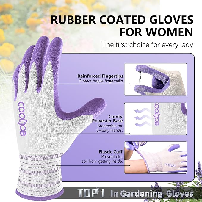 COOLJOB 6 Pairs Gardening Gloves for Women Ladies, Breathable Rubber Coated for Yard Garden, Outdoor Indoor Protective Work, Medium Size, Lavender Purple & Apple Green