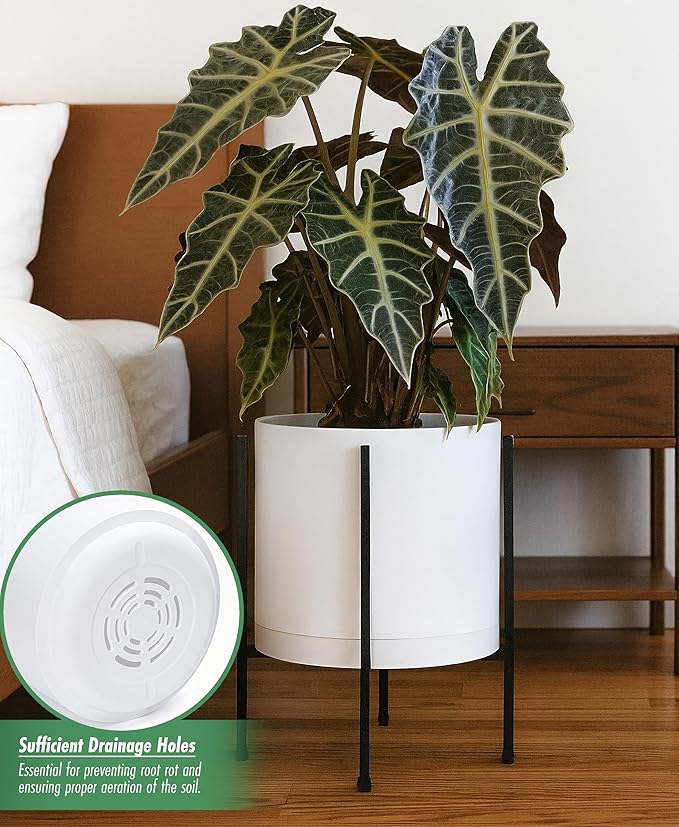 D'vine Dev 12 Inch White Planter Pot with Stand – Modern Plastic Cylinder Flower Pot with Heavy-Duty Metal Stand for Indoor Plants, 55-D-A-3