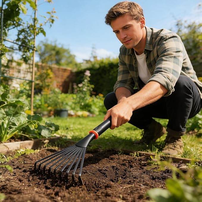 Hand Rake, Garden Stainless Steel Hand Rake with Ergonomic Handle for Gardening, Garden Sweep Yard Flower Beds Tool
