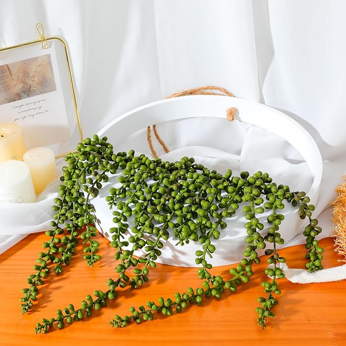 Floweroyal Artificial Succulents Hanging Plants 20.1'' Fake String of Pearls in Pot with 9.4'' Lanyard for Indoor Outdoor Wall Decor (Large).