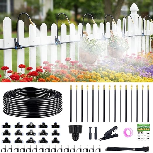 360° Adjustable Drip Irrigation System - Compatible 1/4" Irrigation System, 50FT Garden Watering Atomizing System with 15 Nozzles, Greenhouse Accessories for Yard, Lawn, Plants, Garden