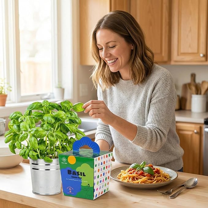 Basil Grow Kit – All-in-One Indoor Herb Garden with Tin Planter, Seeds & Soil, Easy to Grow for Kitchen, Kids, Home, Office, Gift