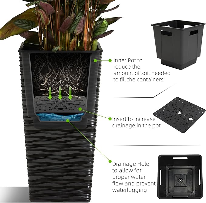 Worth 2 Pack 22" Tall Plastic Square Tapered Planter with Inside Pots for Indoor or Outdoor Use, Modern Wavy Finish for Front Porch or Deck, Black