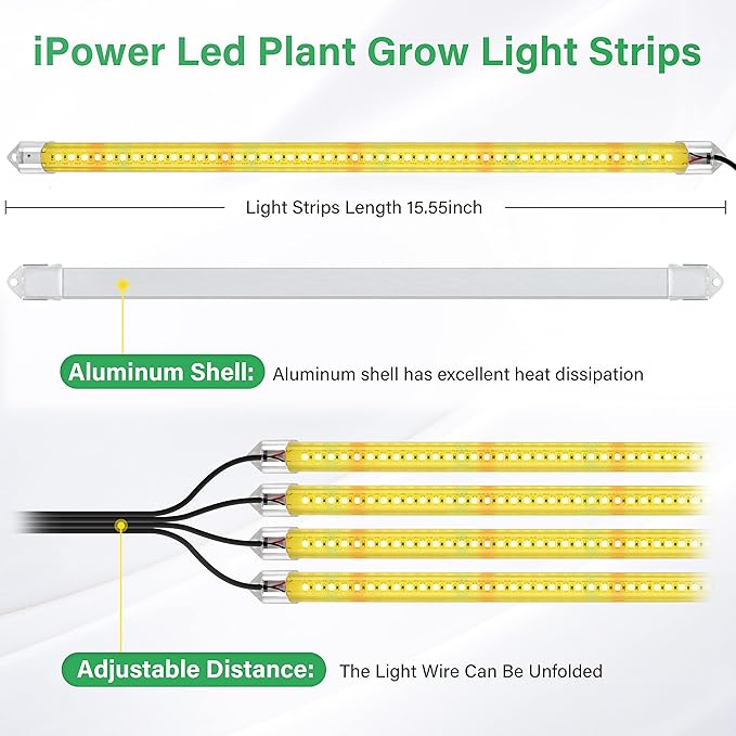 iPower 60W LED Grow Light Strips for Indoor Plants with Auto ON/Off 3/9/12H Timer 10 Dimmable Levels 48 LEDs Per Tube Sunlike Grow Lamp for Hydroponics Succulent, Yellow