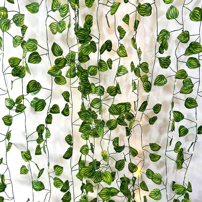 6 Pcs Artificial Hanging Plants Watermelon Leaf Vines With 60 Warm Lights,Watermelon Vine Leaves,Fake Plant Vine Hanging Garland for Wall,Party Wedding,Home,Kitchen,Indoor and Outdoor Decoration