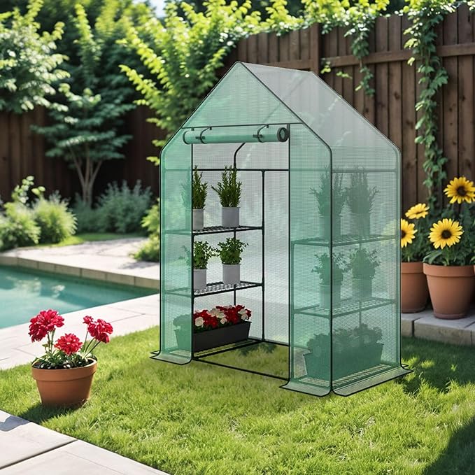3 Tiers 6 Shelves Walk-in Green House, Portable Greenhouse w/Durable PE Cover, Roll Up Zipper Door, Steel Frame Greenhouse w/ Ground Pegs, Ropes for Garden, Patio, Backyard