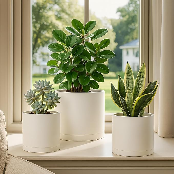 D'vine Dev 6 Inch 6.5 Inch 8 Inch, Set of 3 Plastic Planter Pots for Plants with Drainage Hole and Seamless Saucers, Oatmeal, Medium, 74-V-H-3