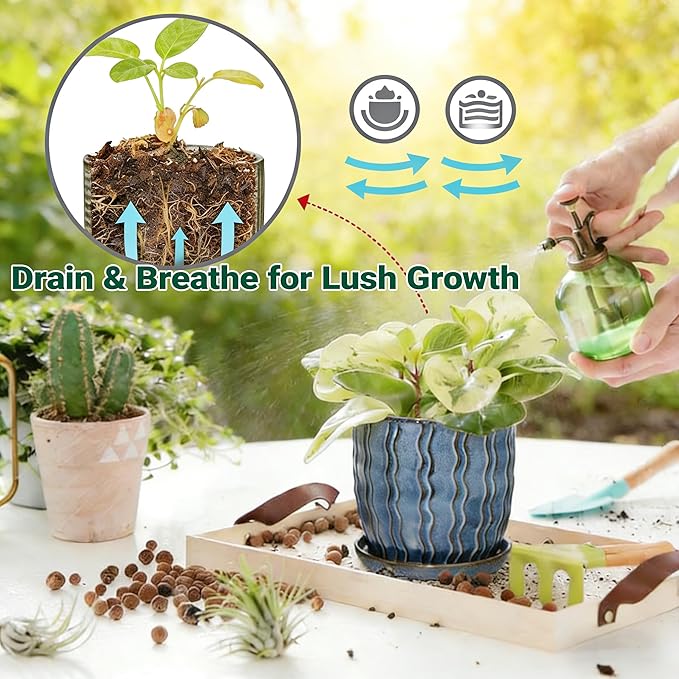 Ceramic Planter, 4.5+5.5 Inch Small Plant Pots, Flower Pots Indoor Planters with Drainage and Tray, Pot for Indoor Plants - Succulents, Snake Plant, Cactus, Aloe Vera, Herb for Home Decor(Glaze Blue)