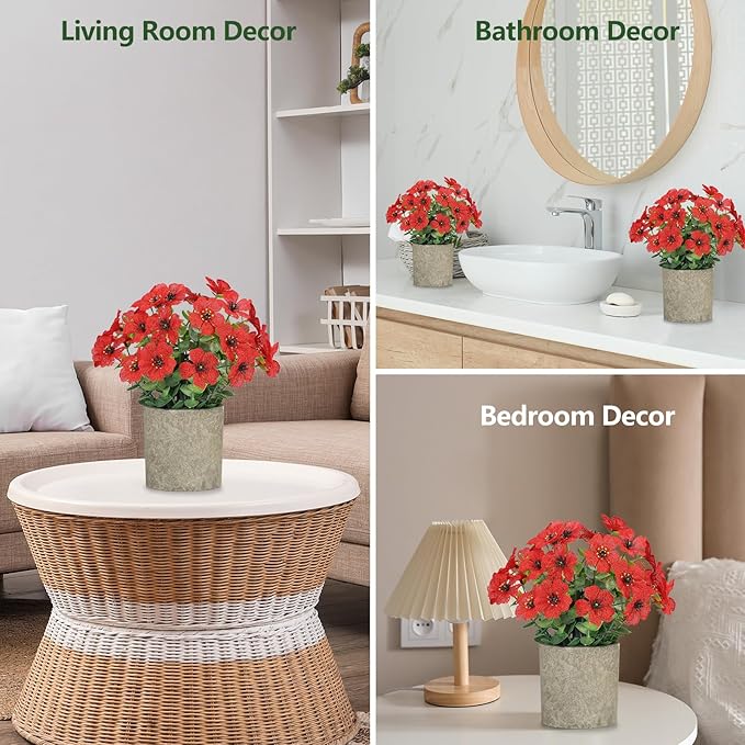 FAVOWREATH 2 Pack Small Fake Plants Potted Artificial Plants Artificial Flowers Potted Faux Flower Daisy with Eucalyptus Leaves for Home Decor Office Room Farmhouse Indoor Table Bathroom Decor（Red）