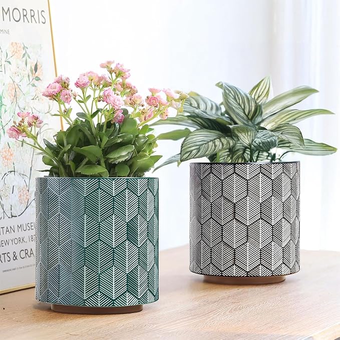 GUGUGO Plant Pots Hexagonal Pattern, Boho Modern Planters for Indoor Plants, Unique Decorative Flower Planter Pot with Drainage, Cute Small Succulent Pots, Eclectic Funky Gardening Pot Gifts, Black