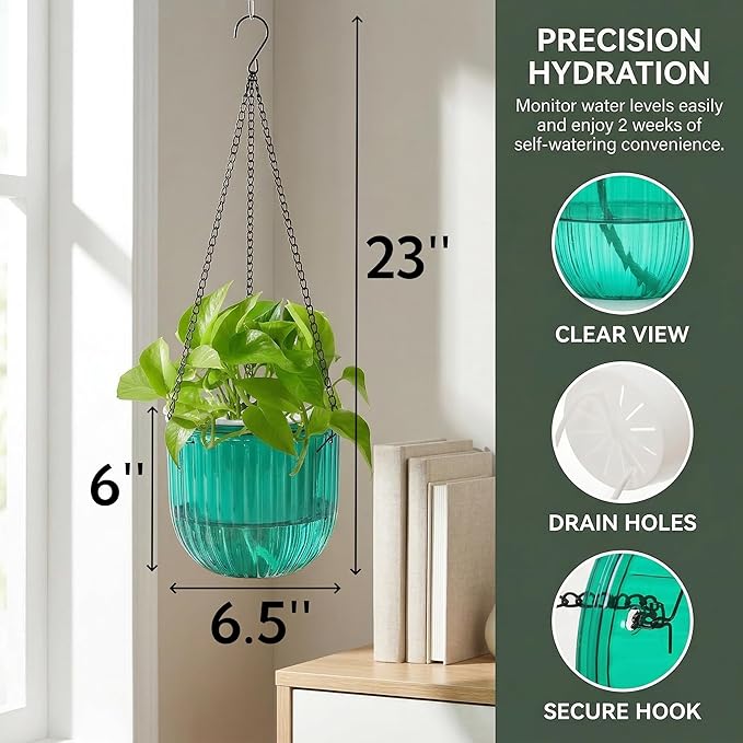 Pumtus 3 Pack Self Watering Hanging Planters, 6.5 Inch Hanging Flower Pot with Drainage Hole, Plastic Hanging Basket with 3 Hooks Chains, Plant Hanger for Indoor Outdoor Plants, Herbs (3 Colors)