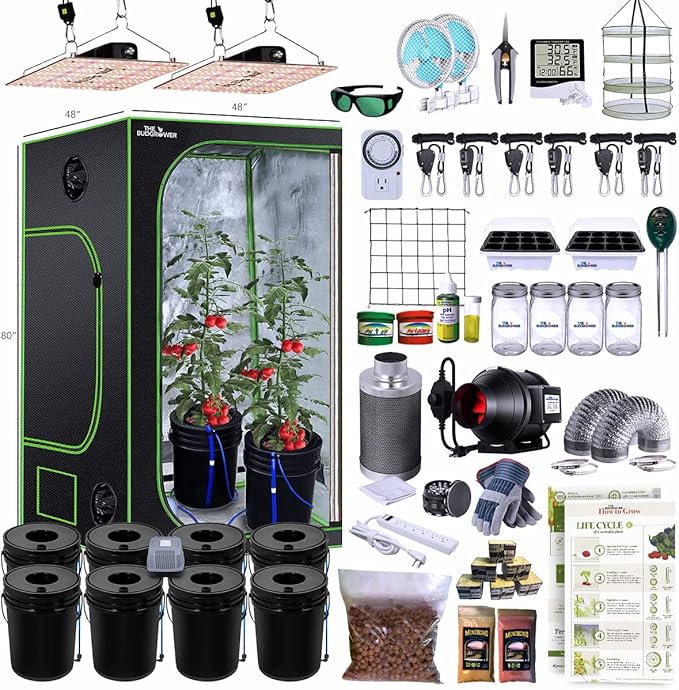 Complete Indoor Hydroponic Grow Kit, (2) 600W LED Veg/Flower Spectrum Grow Light, (8) 5-gal DWC, 48"x48"x80" 1680D Canvas Tent, Premium Ventilation, Everything Included!
