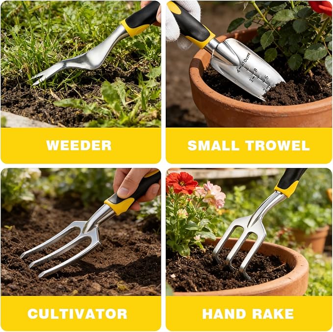 FrutPunch Garden Tools, Ergonomic Gardening Tools, Gardening Hand Tools Aluminum Alloy Material, 7-piece an Ideal Gardening Gift for Women, Men and Parents, Yellow