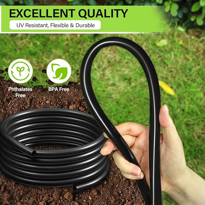 Bonviee 50FT 5/16" Drip Irrigation Tubing and 4 Packs 4-Way Quick Coupler, Push-to-Connect Fittings- DIY Garden Irrigation System, Misting, or Blank Distribution Tubing for Any Gardening Project